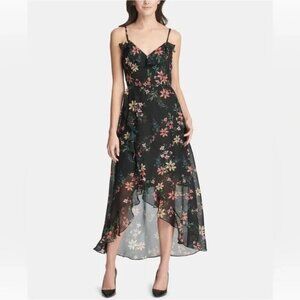 Kensie Floral Chiffon High/Low Ruffle Midi Sun Dress - Size 6.